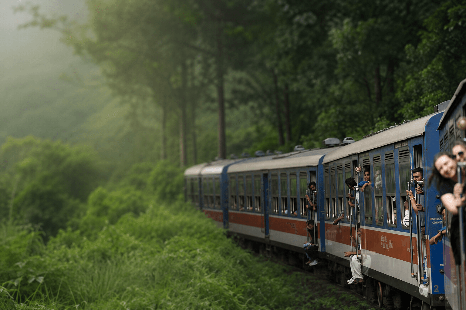 Train winding through Sri Lanka's misty hill country